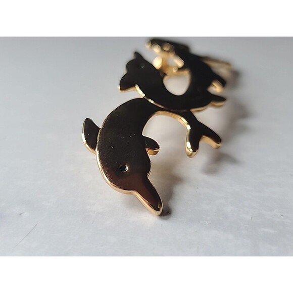 Gold Tone Metal Green Enamel Eyed Dolphins Jumping Shaped Brooch - Picture 6 of 10